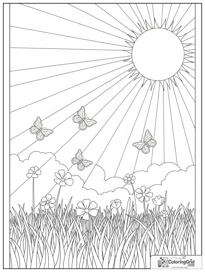 Sun over a meadow with butterflies in black and white artwork.