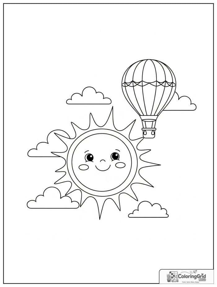 Sun and hot air balloon in black and white line art.