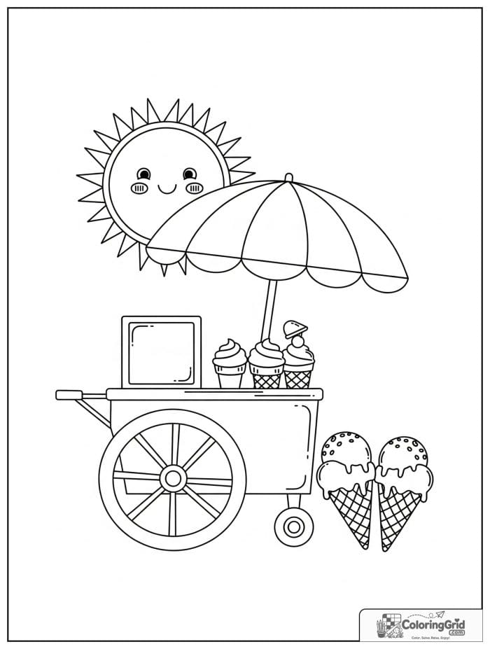 Sun above an ice cream cart in black and white line art.