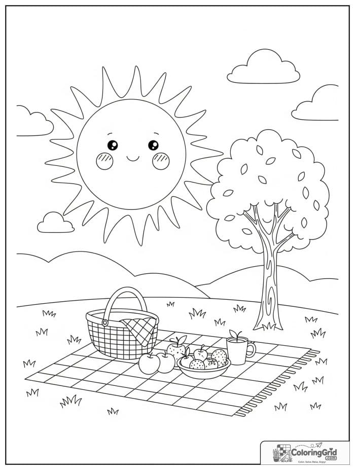 Sun above a picnic scene in black and white artwork.