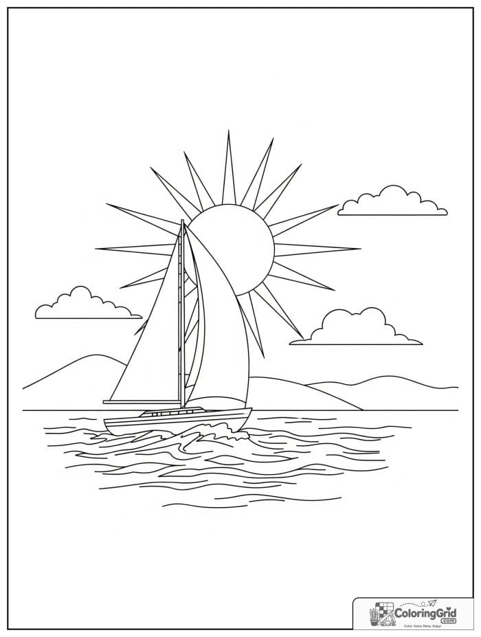 Sun above a sailboat in black and white artwork.