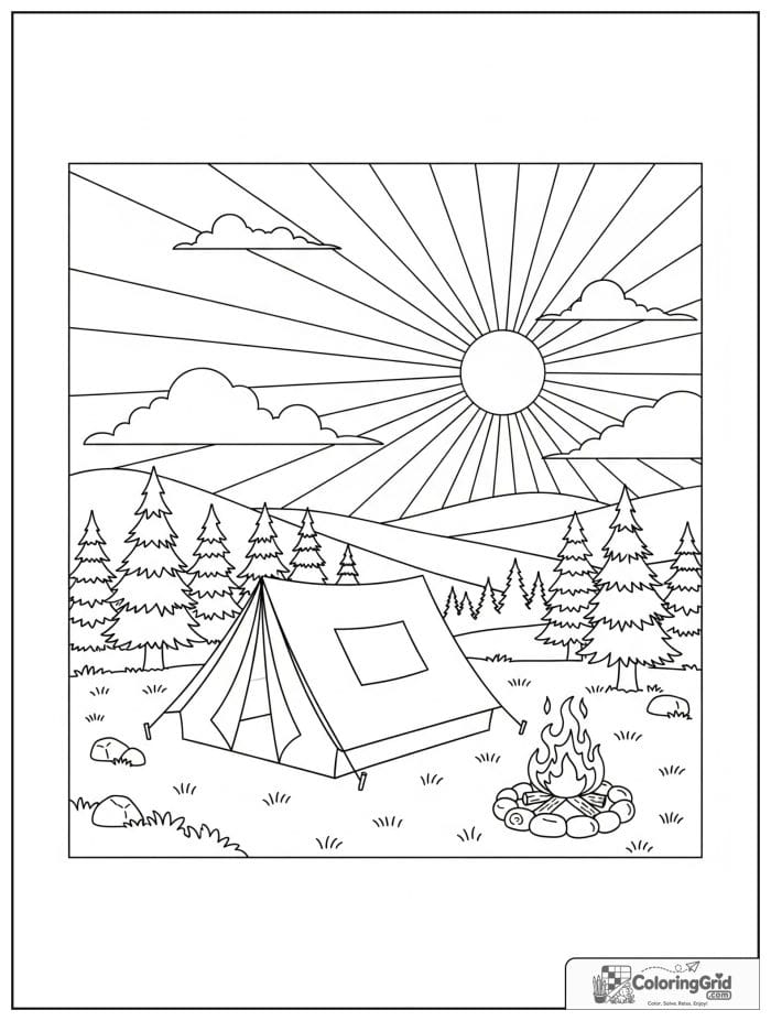 Sun over a camping scene in black and white line art.