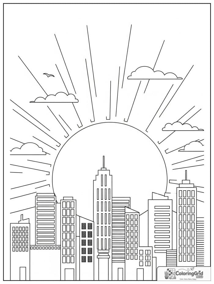 Sun rising over a city skyline in black and white line art.