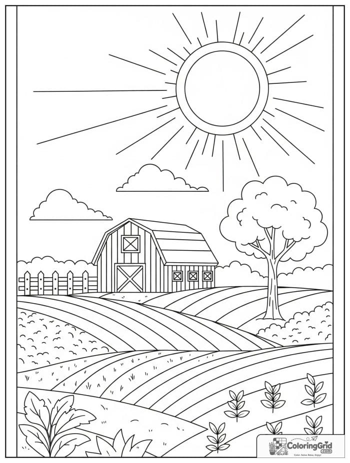 Sun over a farm in black and white line art.