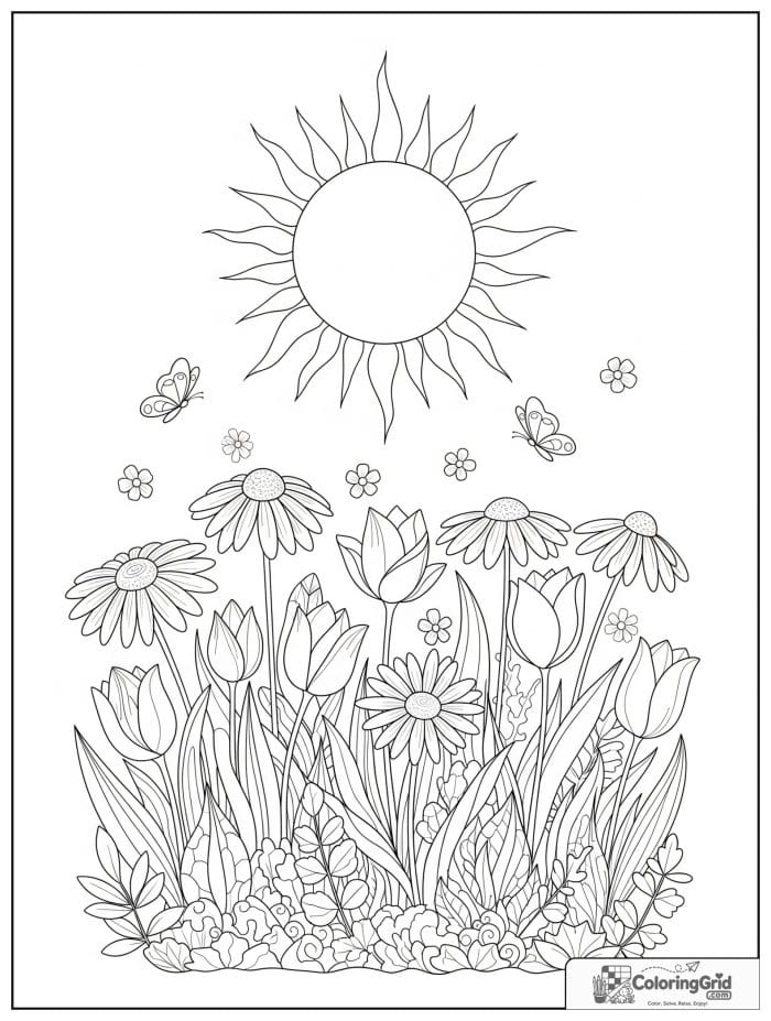 Sun above a flower garden in black and white artwork.