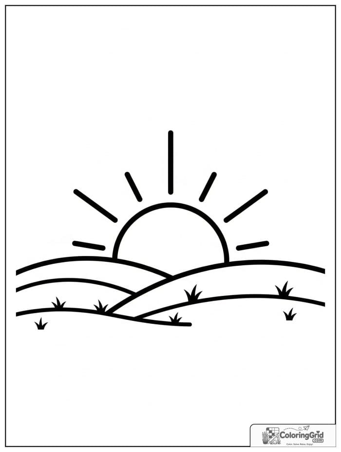 Sun rising over rolling hills in black and white line art.