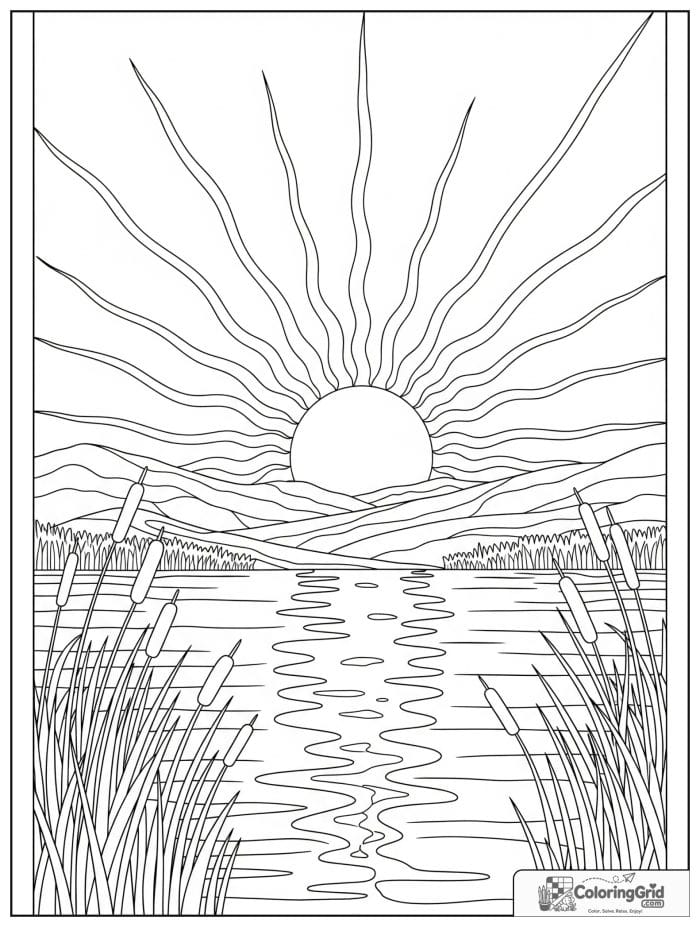Sun over a lake in black and white line art.