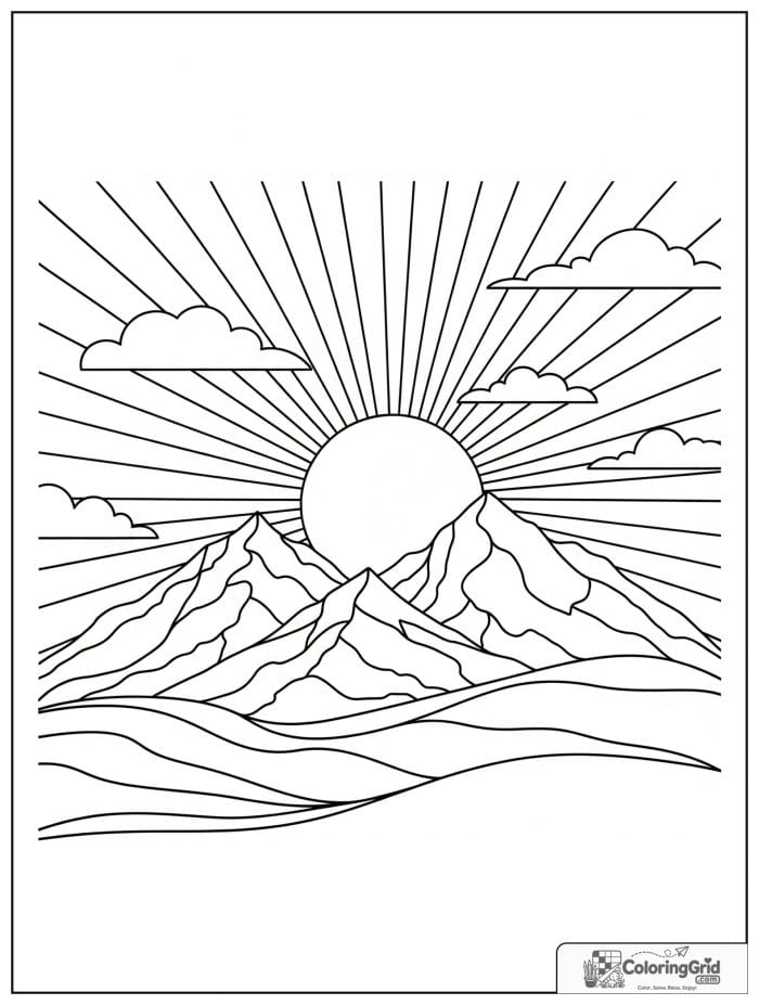 Sun shining over mountains in black and white artwork.