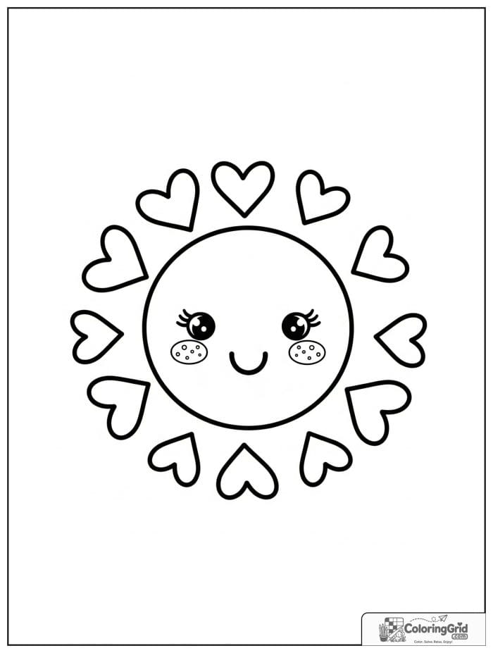 Cute sun with heart-shaped rays in black and white.