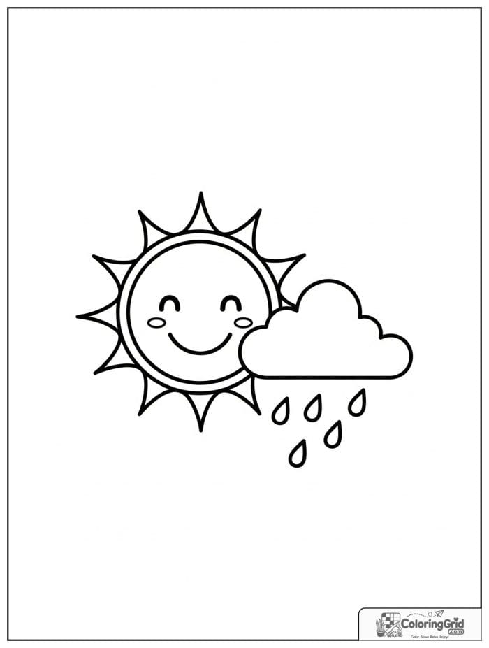 Sun and raindrops in a playful black and white weather scene.