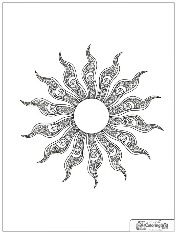 Decorative sun with spiral rays in black and white artwork.
