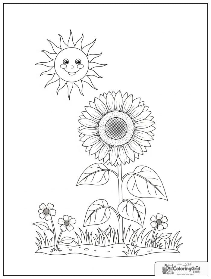 Sun above a sunflower in black and white artwork.