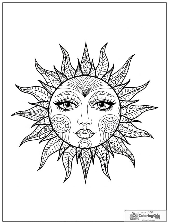 Decorative sun face with patterned rays in black and white.