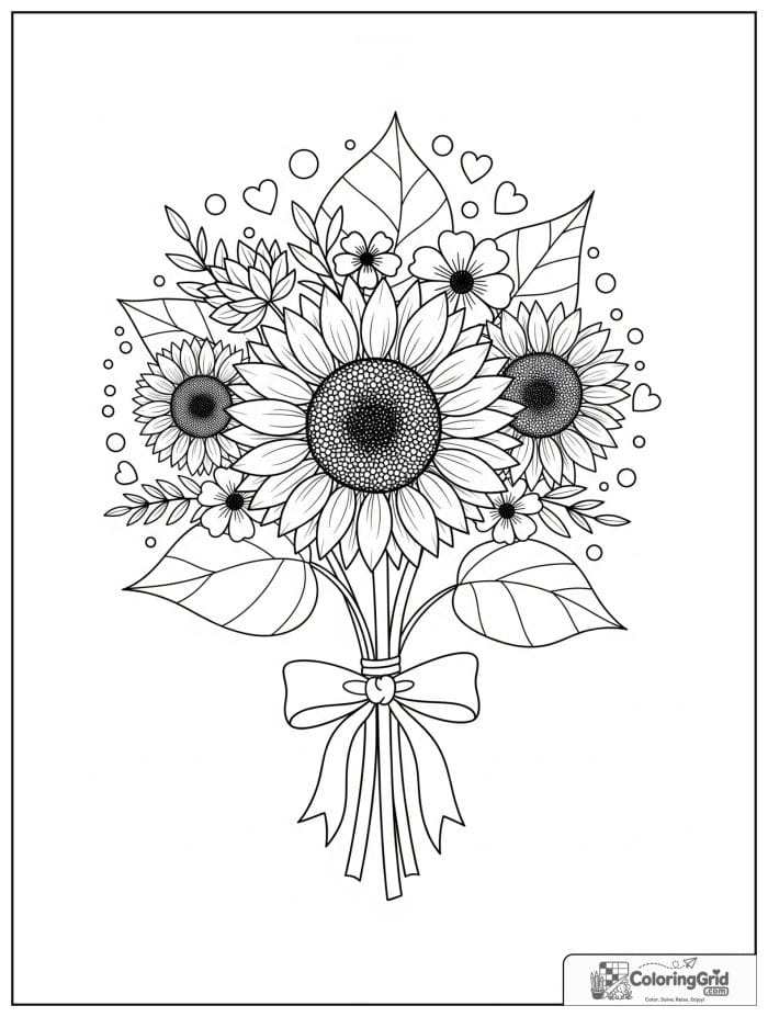 Sunflower bouquet tied with ribbon coloring page