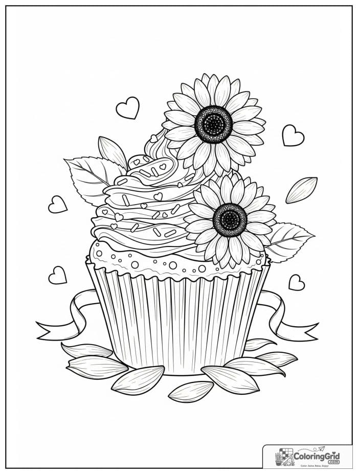Sunflower cupcake with sunflower-shaped frosting coloring page