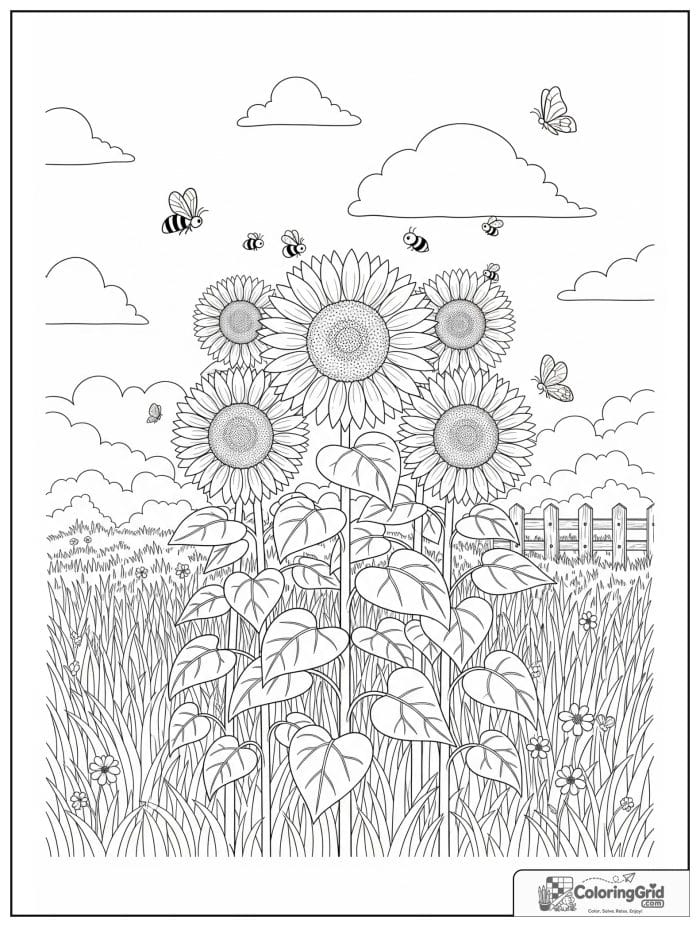Field of tall sunflowers with bees and butterflies coloring page