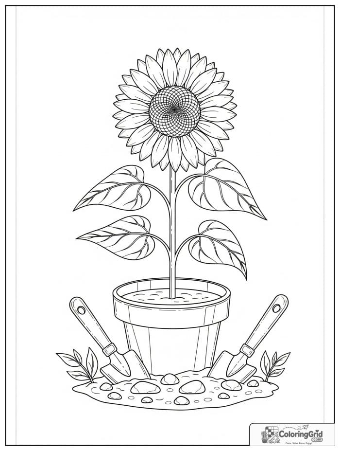 Single sunflower in flower pot with garden tools coloring page