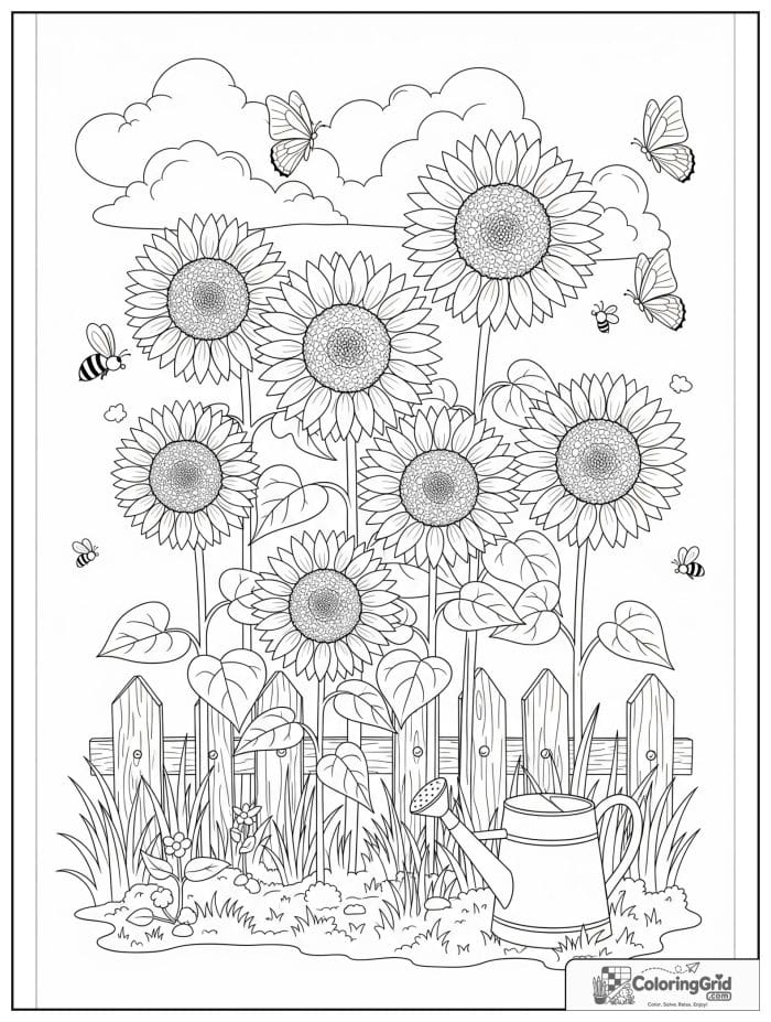 Sunflower garden with watering can coloring page