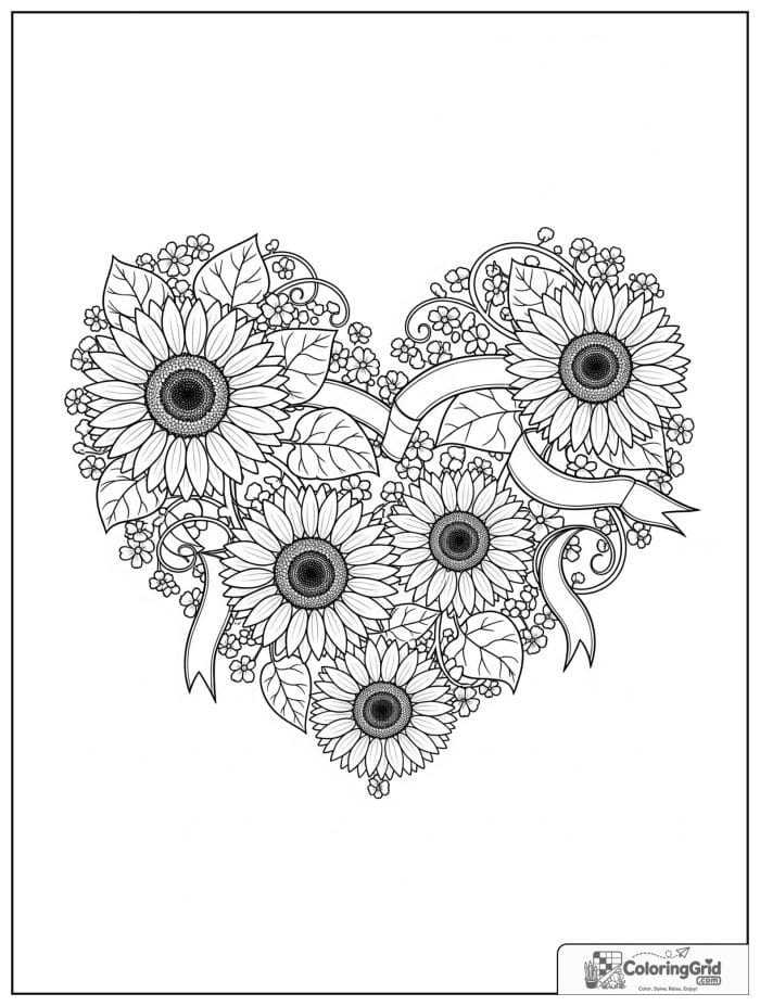 Heart design made from sunflowers coloring page
