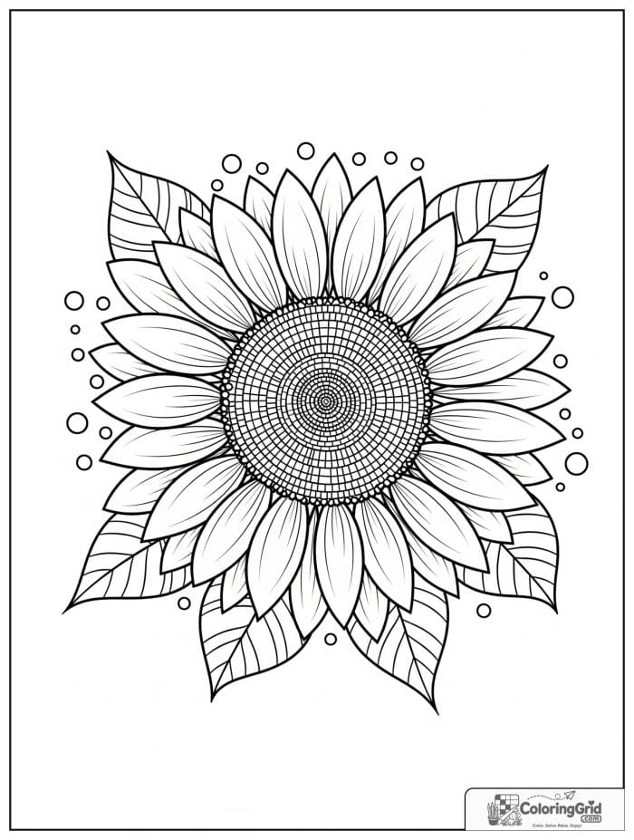 Sunflower mandala coloring page with wide petals and seed circles