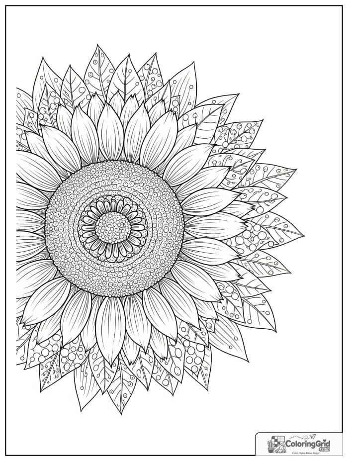Sunflower mandala with petals seeds and swirls coloring page