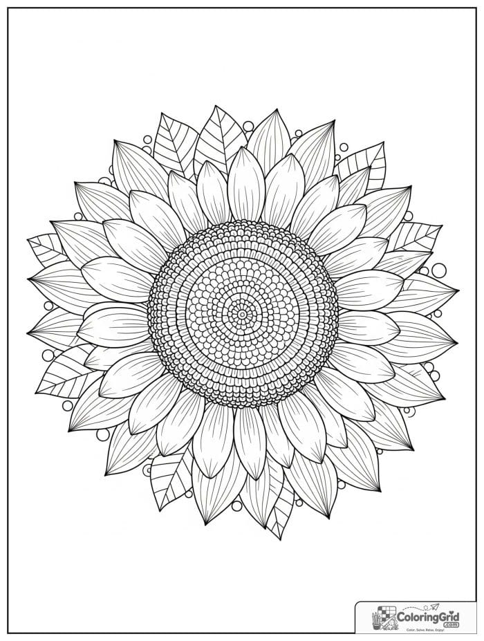 Sunflower mandala flower coloring page with wide petals
