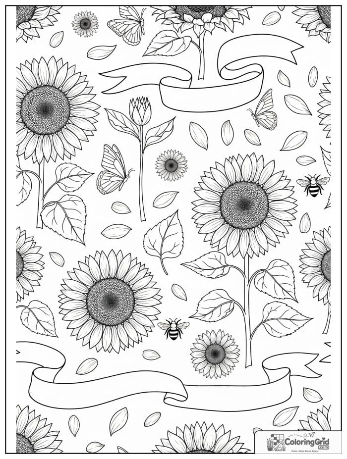 Sunflower pattern with leaves bees and butterflies coloring page
