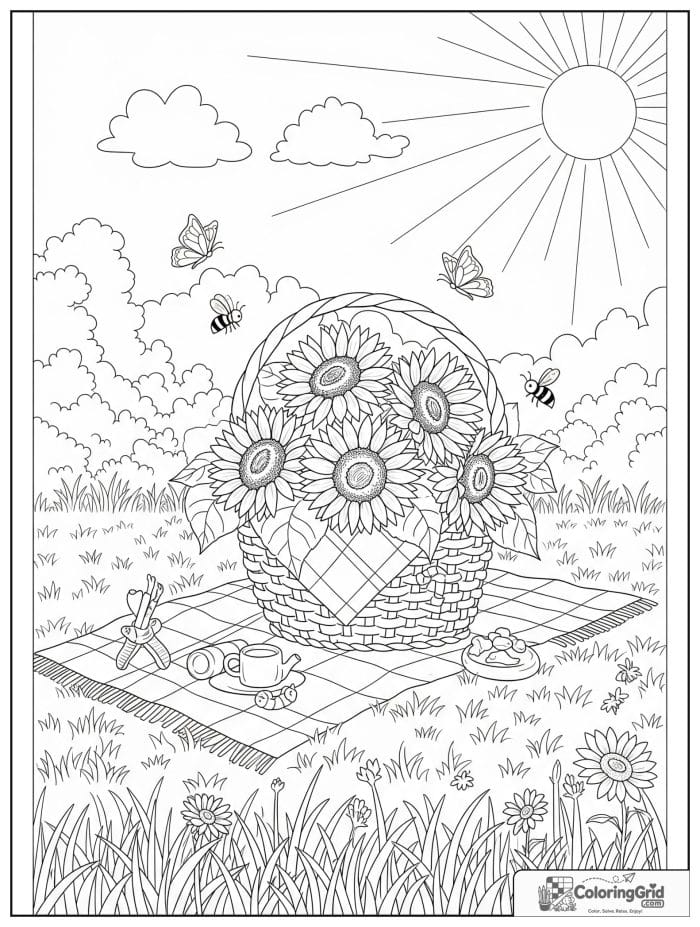 Peaceful picnic scene with basket of sunflowers coloring page