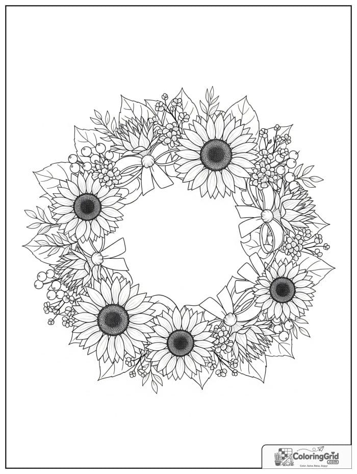 Sunflower wreath with ribbons and berries coloring page