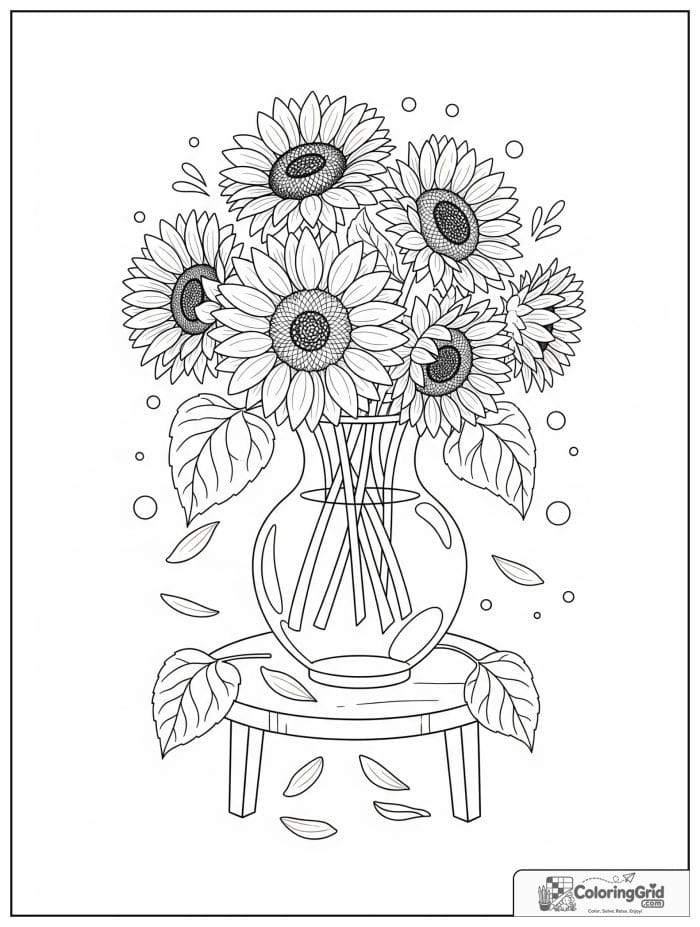 Vase filled with sunflowers on table coloring page