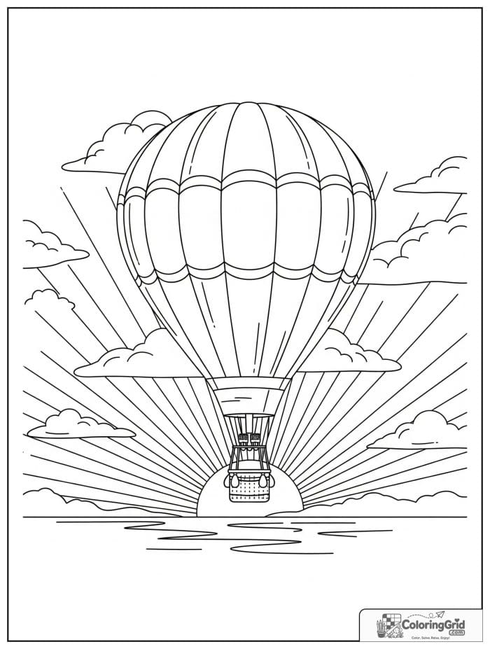 Sunrise hot air balloon scene coloring sheet