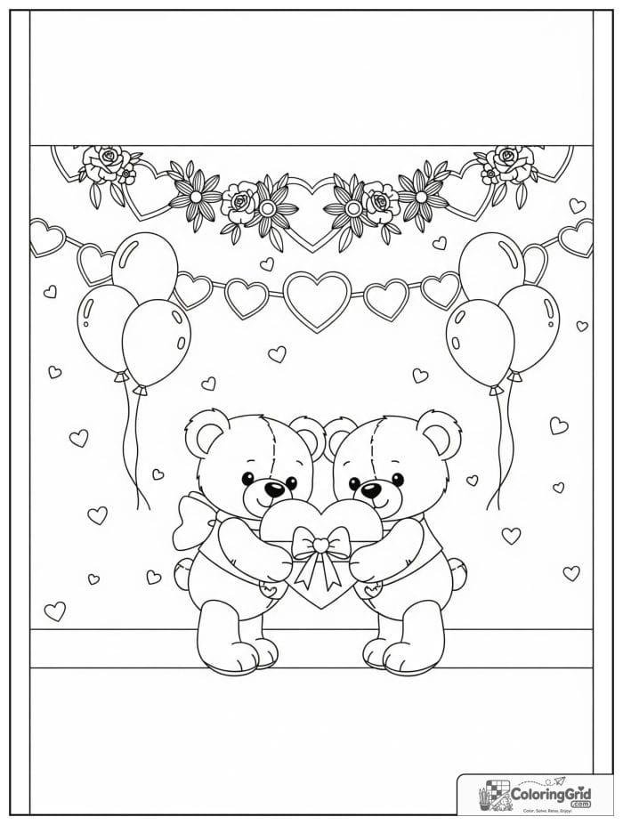 Teddy bear couple sharing heart gift Valentine's Day coloring page