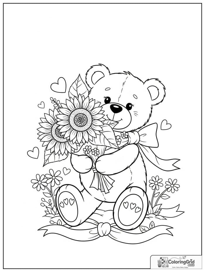 Cute teddy bear holding sunflower bouquet coloring page