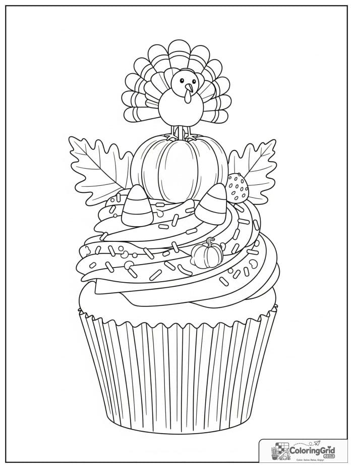 Thanksgiving cupcake with tiny turkey topper coloring page