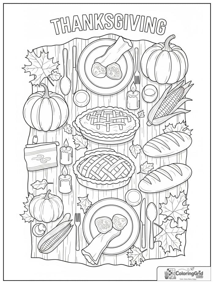 Thanksgiving dinner table filled with holiday food coloring page