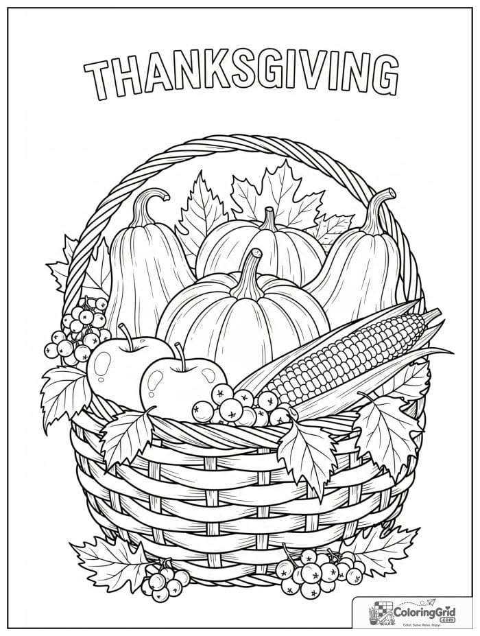 Thanksgiving harvest basket filled with fruits and vegetables coloring page