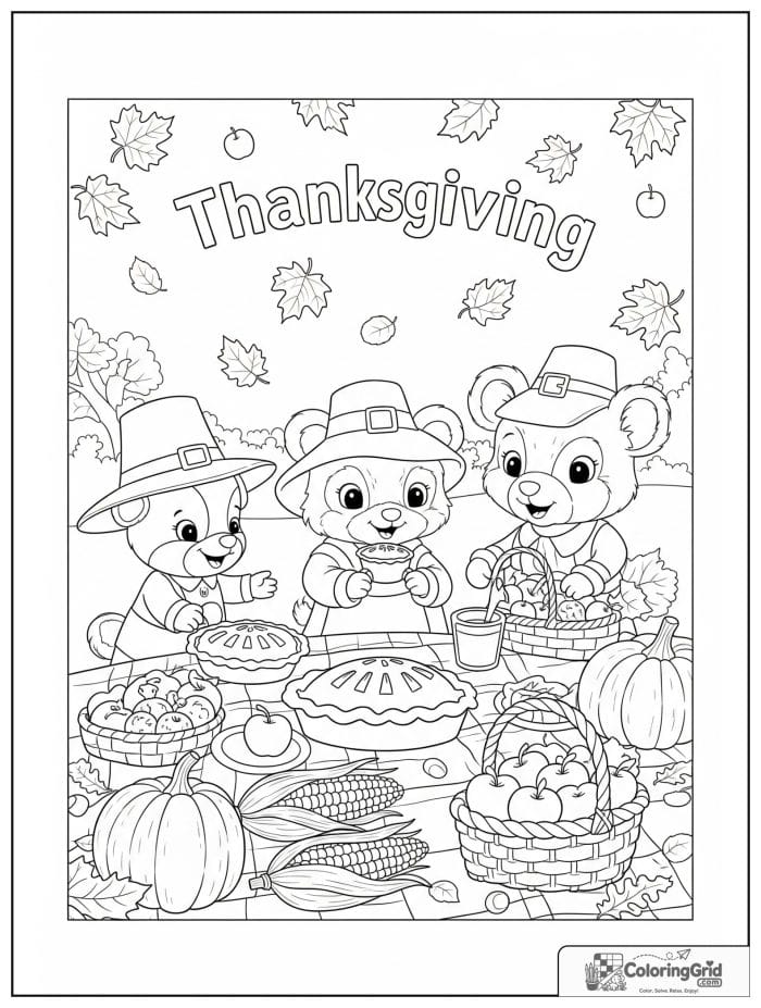 Joyful Thanksgiving harvest picnic with cute animals coloring page