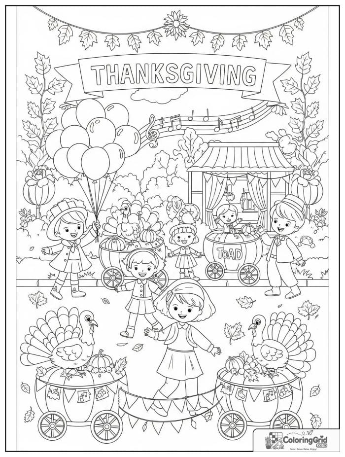 Thanksgiving parade scene with children and pumpkin carts coloring page