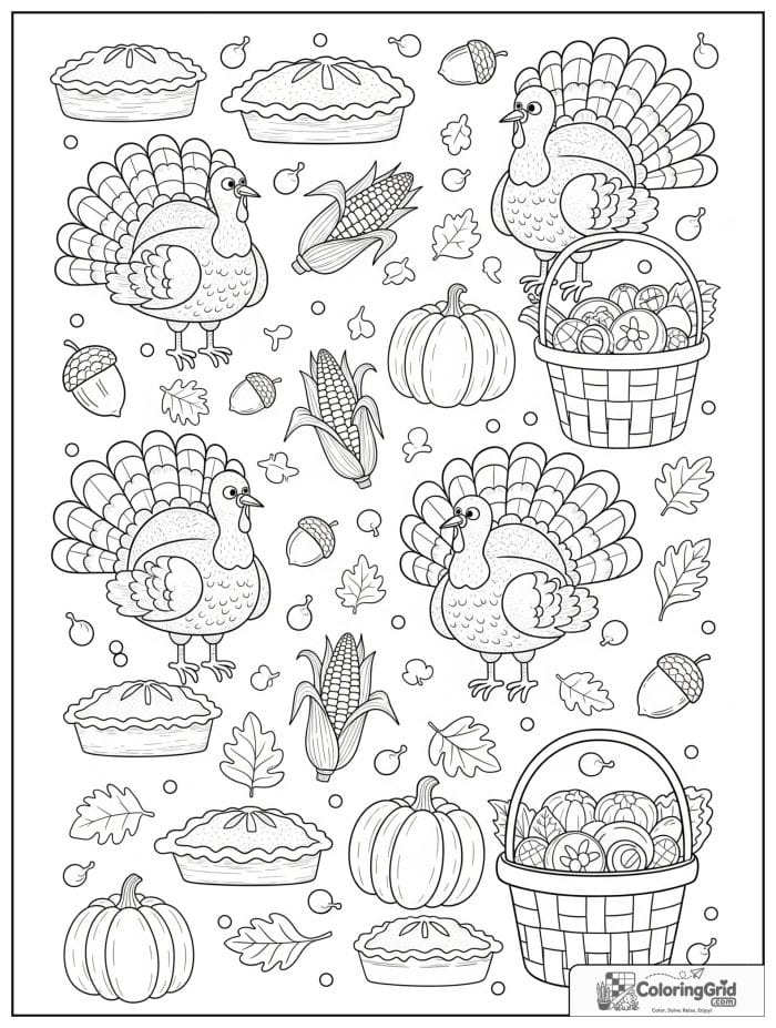 Thanksgiving pattern with turkeys pumpkins and pies coloring page