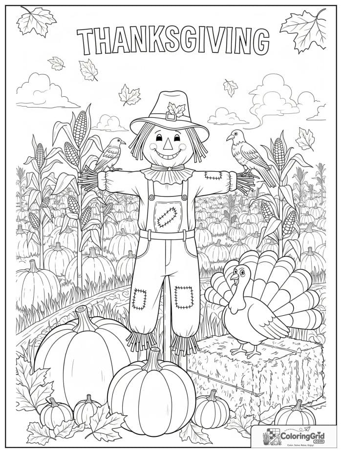 Thanksgiving scarecrow standing in a pumpkin field coloring page