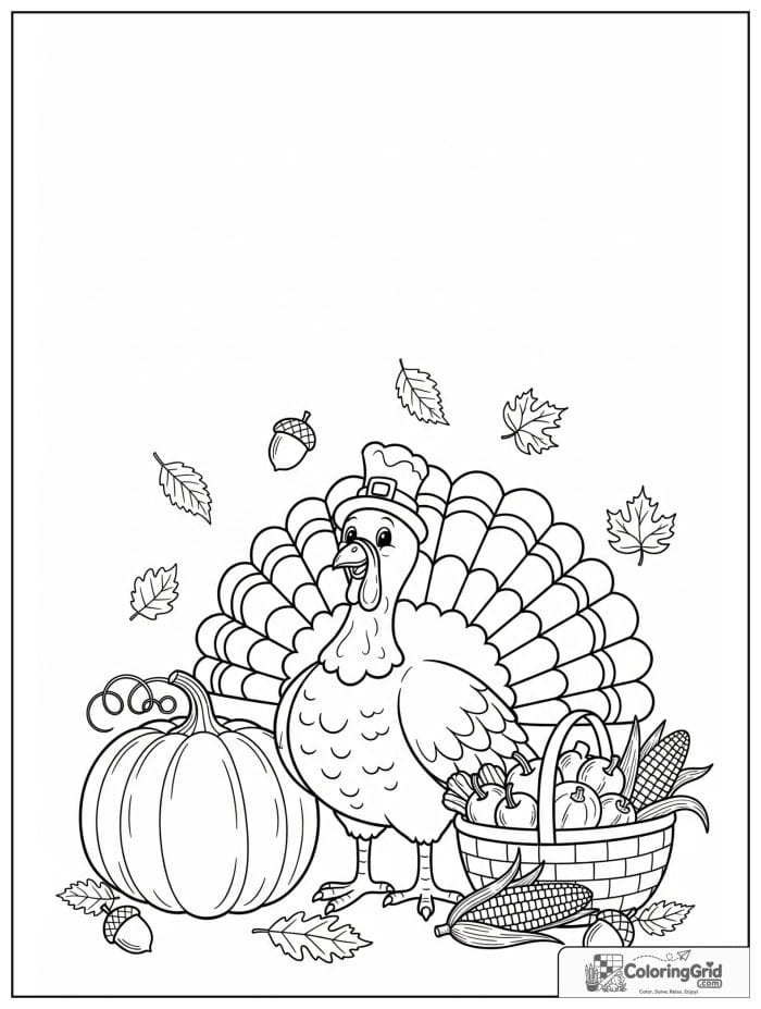 Cheerful Thanksgiving turkey beside a pumpkin and harvest basket coloring page