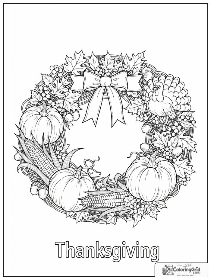 Thanksgiving wreath with pumpkins corn and leaves coloring page