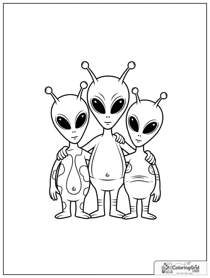 Three aliens together black and white line drawing.