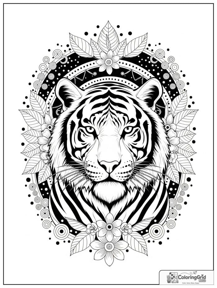 Tiger animal mandala coloring page with stripe patterns