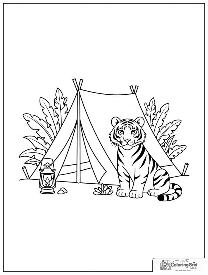 Friendly tiger camping beside a tent.