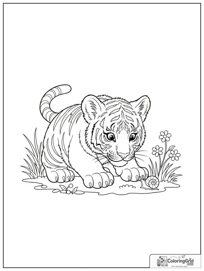 Tiger cub looking at a tiny snail.