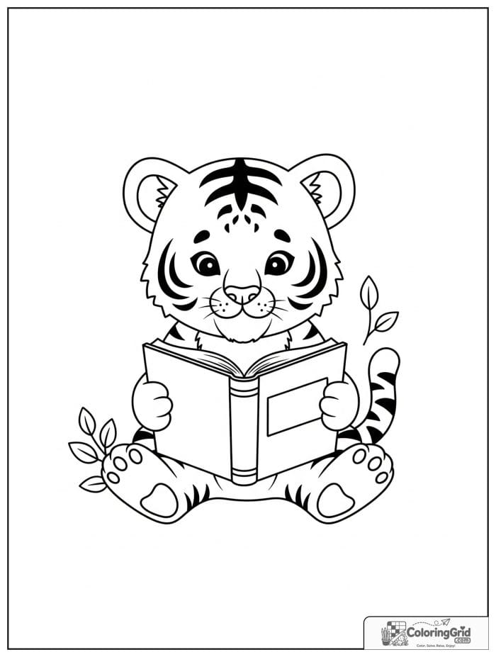 Cute tiger cub reading an open book.