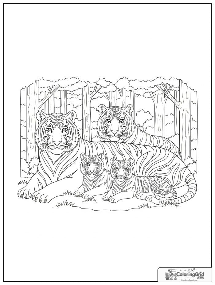 Tiger family resting in a forest clearing.