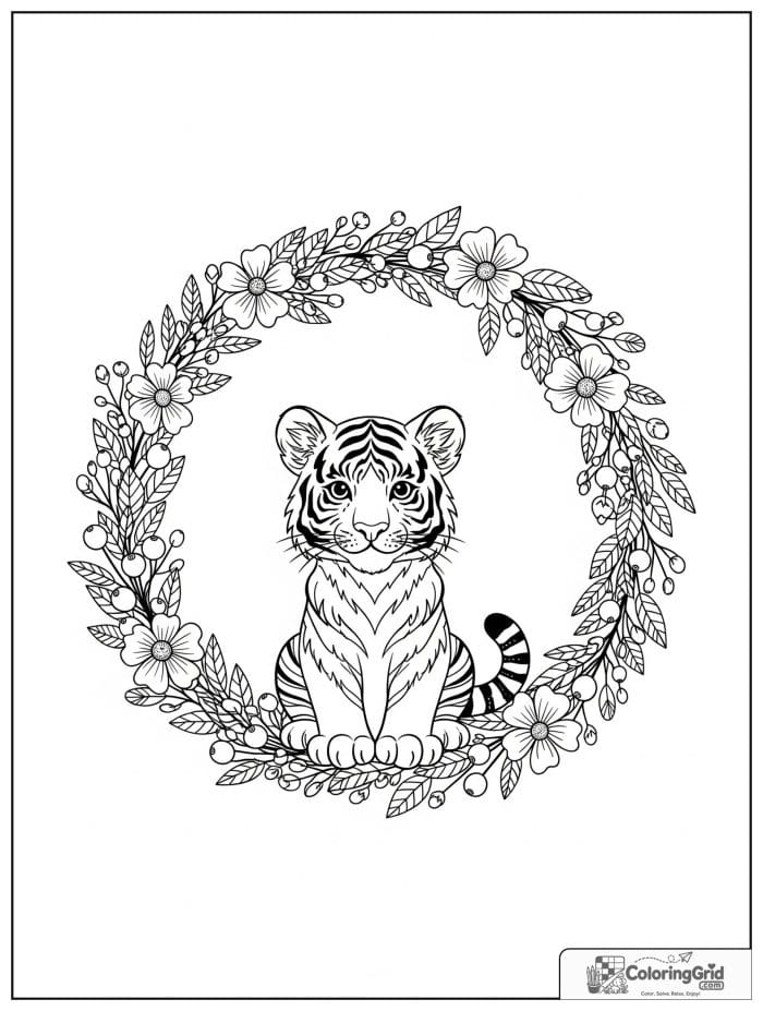Tiger cub sitting inside a floral wreath.