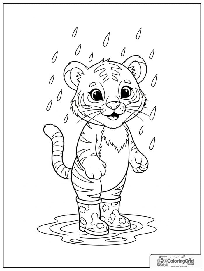 Cheerful tiger cub wearing rain boots.